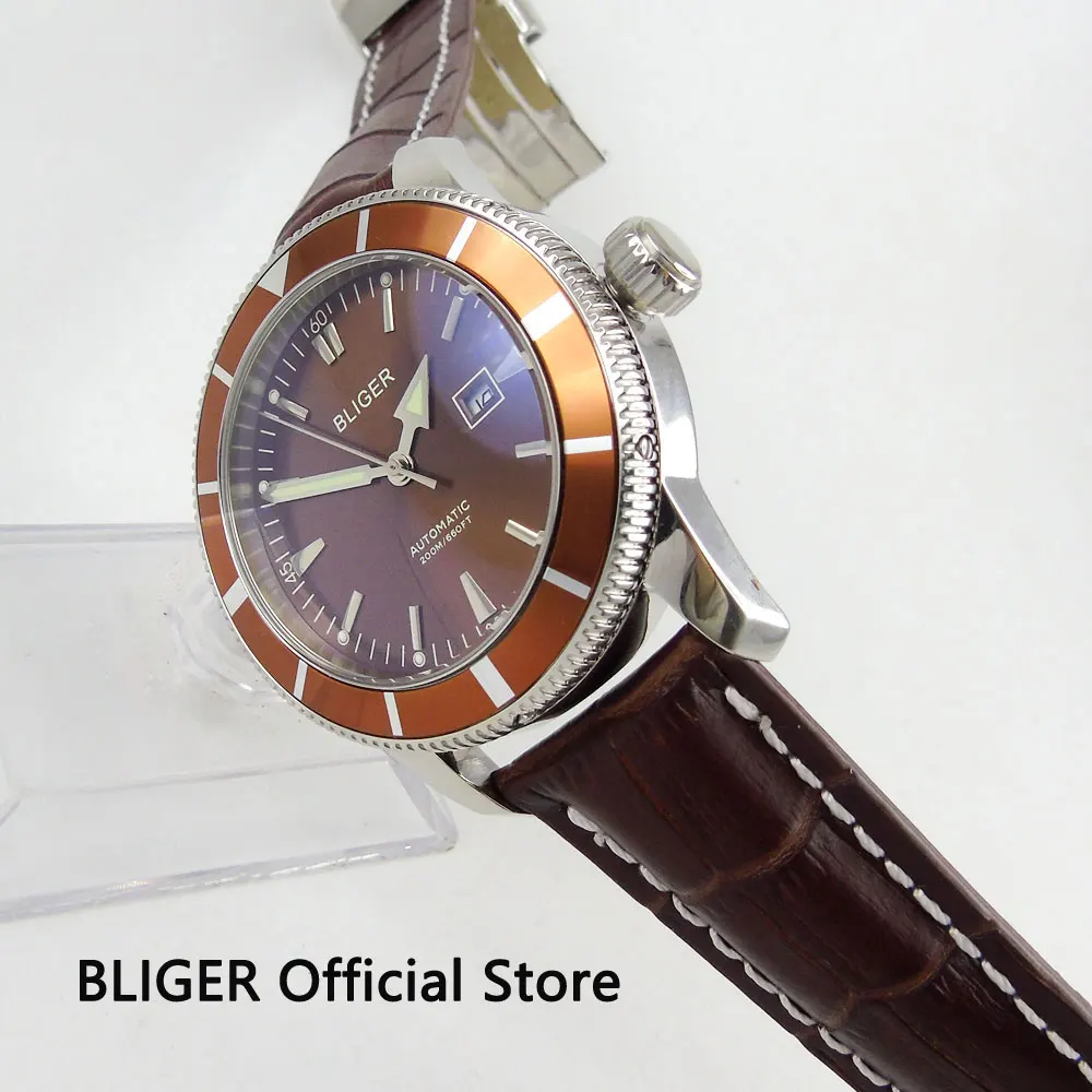 

Classic BLIGER 46MM Brown Calendar Dial Stainless Steel Case Wrist Watch Three-Hand MIYOTA Automatic Movement Men's Watch B36