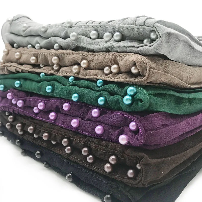 

Chiffon wrinkle hijab pearls fashion bead scarf women plain scarves shawls soft muslim maxi hijab pretty deisgn muffler