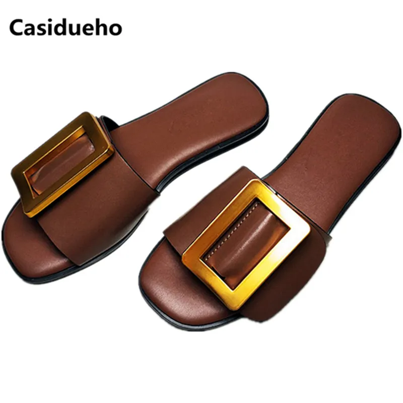 Casidueho пряжки Для женщин тапочки из мягкой кожи с открытым носком женские туфли на
