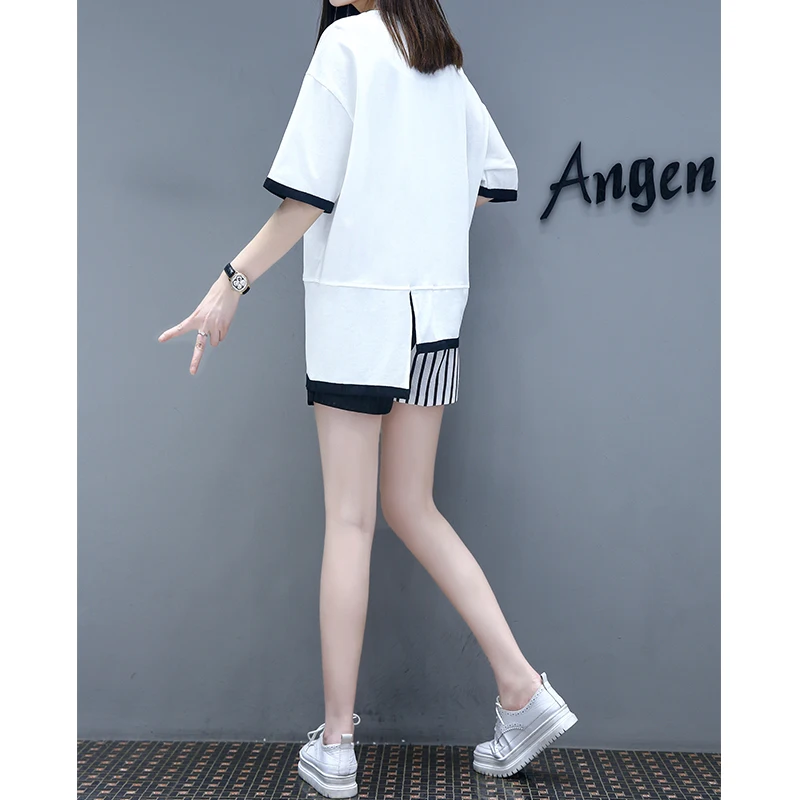 

large size ladies' Korean fashion new irregular white blouse top stripe shorts two-piece clothing set casual outfit size XL -5XL