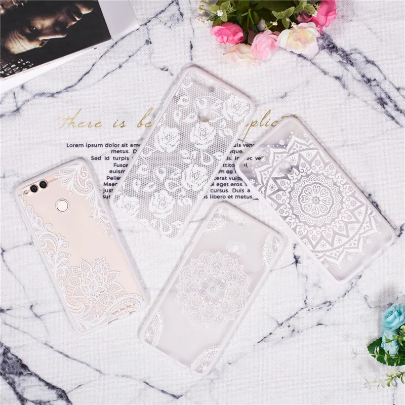 Cover Huawei Honor 7X Case Lace Silicone Phone Back Embossed Hard Clear Relief Flower Funda Capa |