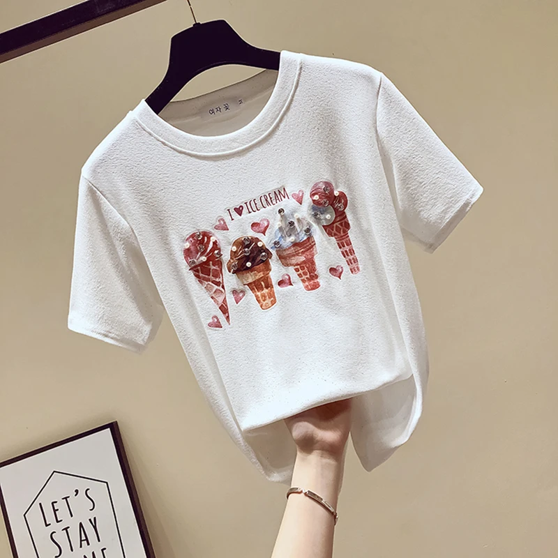 Модная футболка с бриллиантами, женская футболка, хлопковый топ, camisetas verano mujer,, летние топы, футболка, женская одежда, футболка, femme