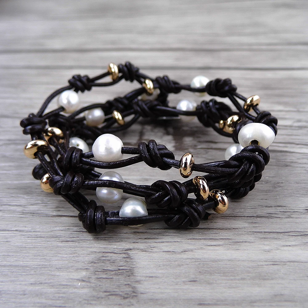 White freshwater pearl bracelet GOLD beads Leather bead wrap yoga jewelry bohemian boho | Украшения и аксессуары