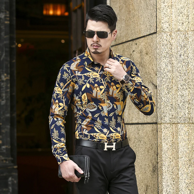 Luxury Brand Men Shirt 5XL 6XL Fashion Long Sleeve Wedding For Designer Casual Shirts Gold Floral Camisa Hombre S17 | Мужская одежда