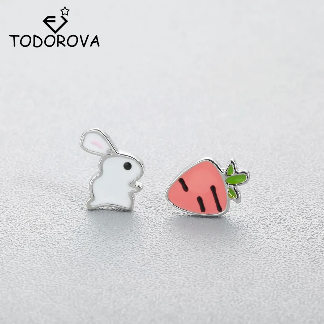 

Todorova Cute Animal Bunny Rabbit Carrot Stud Earrings for Women Enamel Asymmetry Creative Cartoon Ear Jewelry for Child Girls