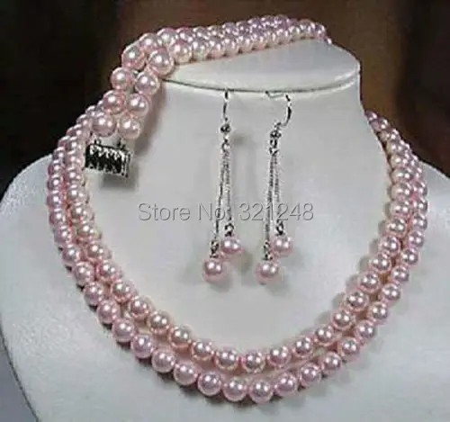 

2Rows 8mm charming free shipping pink shell simulated-pearl round beads necklace bracelet earrings jewelry set 18inch BV454