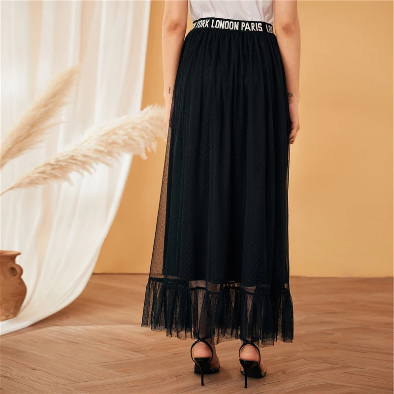 SHEIN черная повседневная юбка с буквенным принтом и лентой на талии, сетчатая юбка с оборками, женская летняя Осенняя однотонная длинная юбка трапециевидной формы с высокой талией