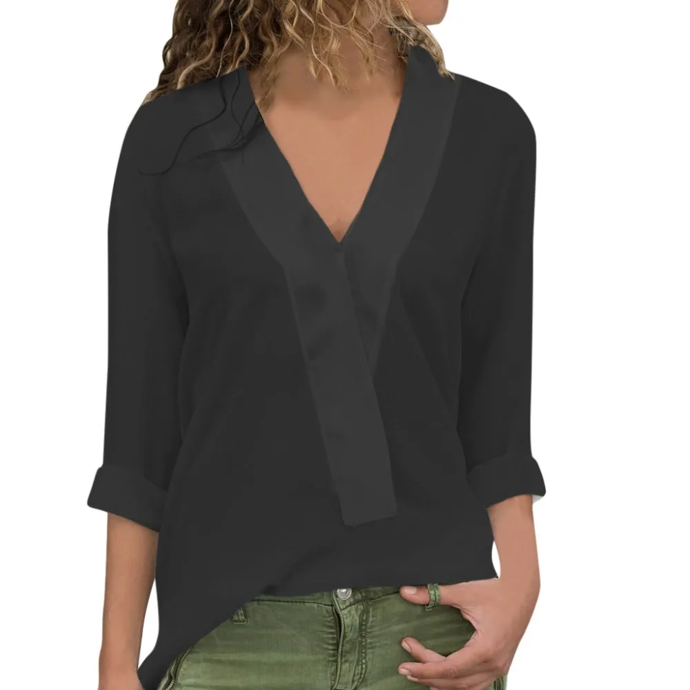 Женская однотонная шифоновая рубашка с длинным рукавом и v образным вырезом хит