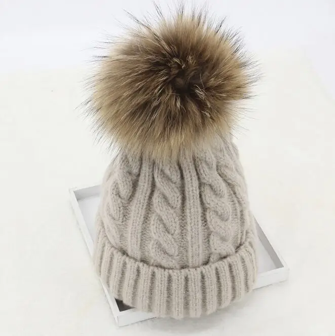 

Зимние вязаные шапки с помпонами из натурального меха енота, детские меховые шапки для девочек и мальчиков, толстые вязаные шапки