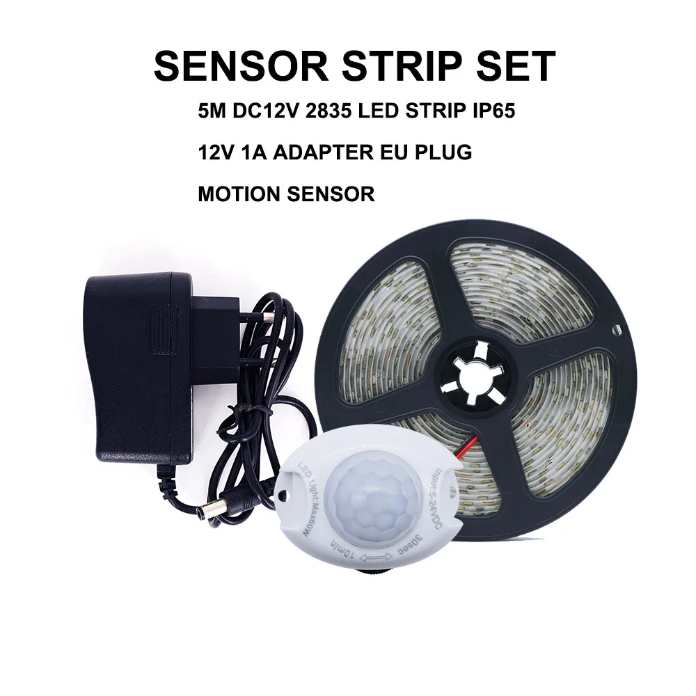 Sensor strip set Светильник с датчиком движения, 5 м, 12 В постоянного тока, Светодиодная лента 2835, 60 светодиодный s/M, IP65, водонепроницаемый, для дома, кухни, под шкаф, светильник, ночной Светильник - Испускаемый цвет: Sensor strip set