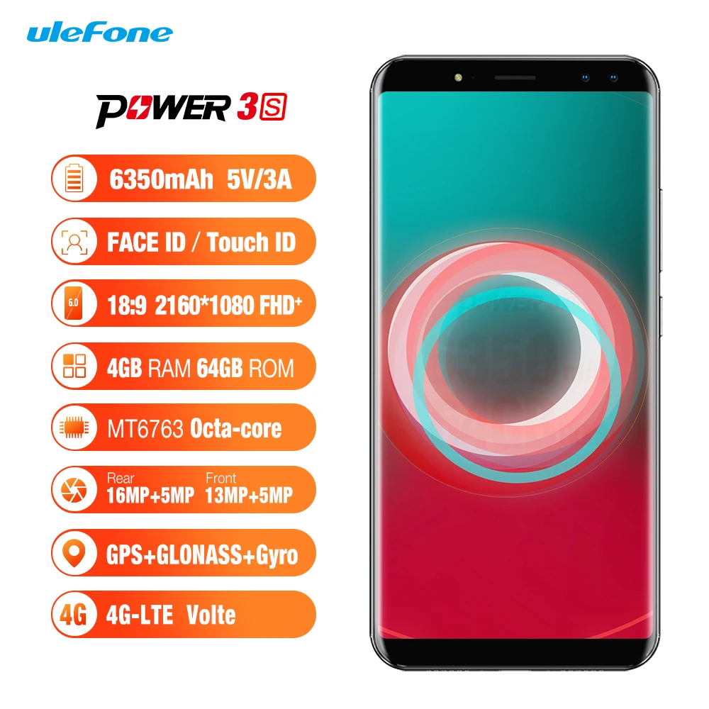 Ulefone Power 3S 6.0 &quot18:9 FHD 4G смартфон MTK6763 Octa core Android 7.1 4 ГБ + 64 16MP Камеры 6350 мАч Сканер