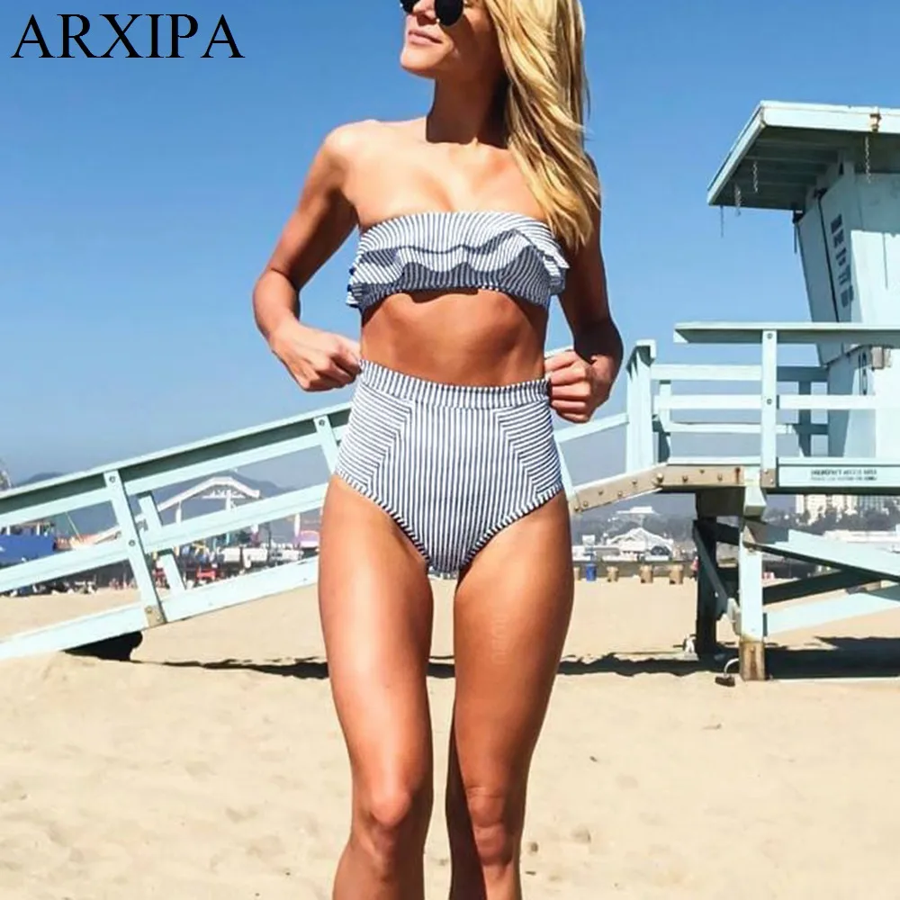 Женский купальник бикини ARXIPA бандо с высокой талией укороченный топ в полоску
