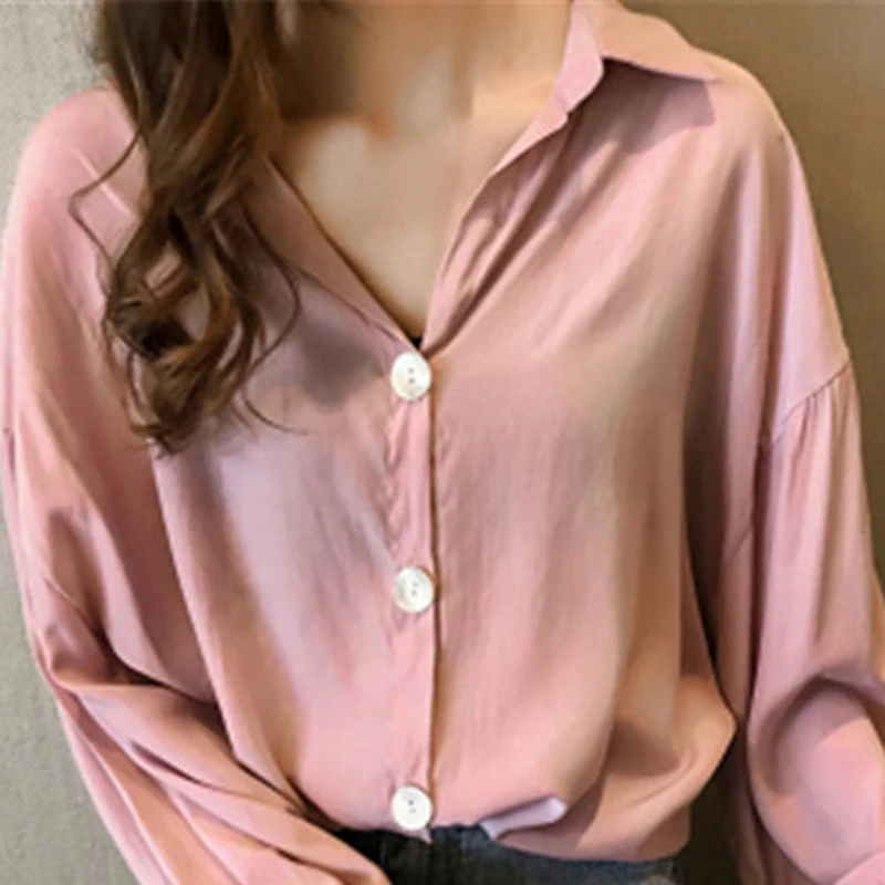 

2019 Ulzzang Женские однотонные тонкие топы и блузки с V-образным вырезом, женские повседневные рубашки большого размера с отложным воротником и ...