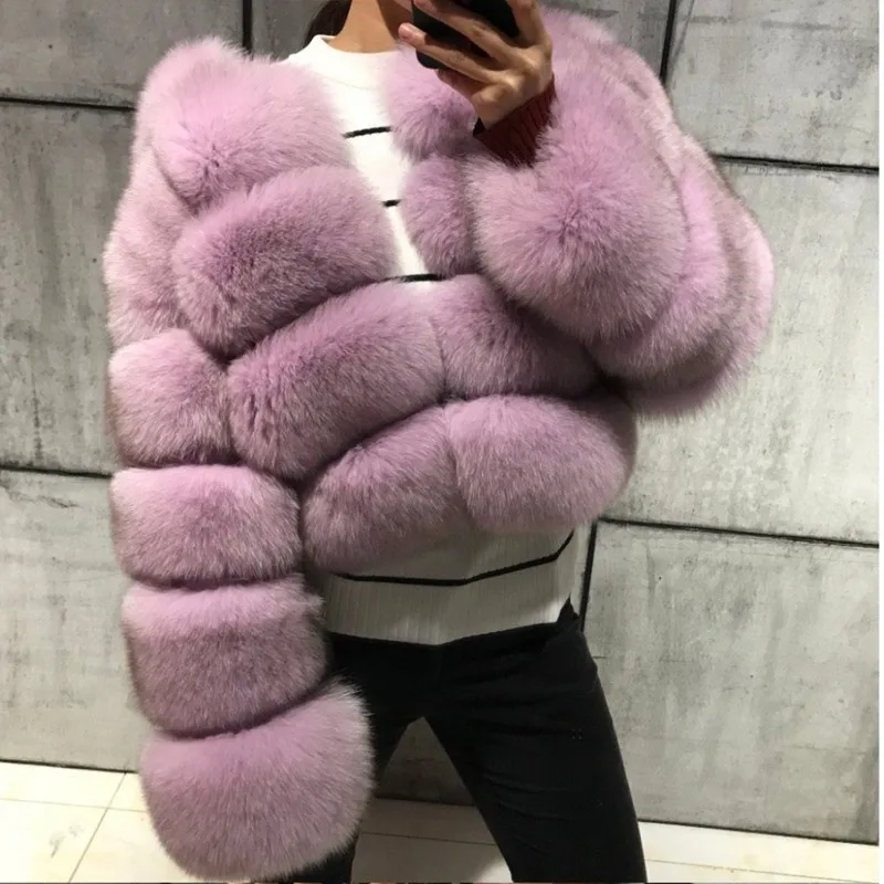 FURSARCAR New Fashion Natural Real Blue Fox Fur Women Natural Genuine Fur Jackets Coats Female 5 Row Short Outerwear Girls - Color: Pink