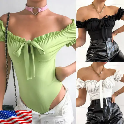 

Stylish Hot Sale Women Summer Short Sleeve Tops Slash-neck Ruffles High-waist Lace-up Bodysuits Lady Summer Casual Clothing S-L
