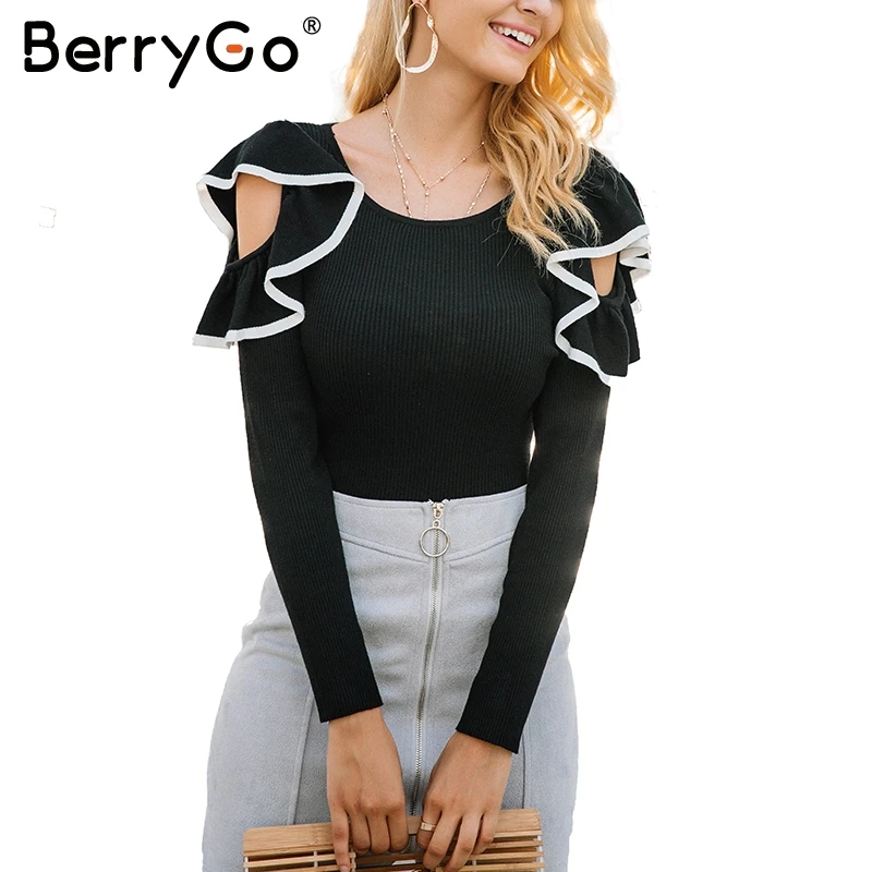 BerryGo вязаный свитер с круглым вырезом и рюшами Женский Повседневный зимний