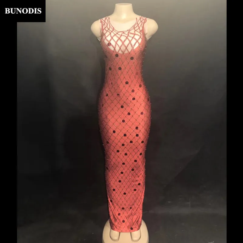 ZD286 Women Sexy Red Long Skirt Sleeveless 3D Printing Grid Nightclub Party Celebrate Performance Dancer Singer Stage Wear Bling