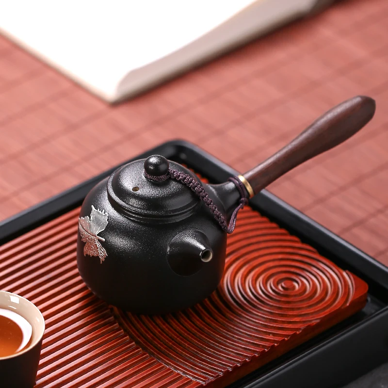 

300ml Black Zen Coarse Pottery Wood Side Handles Teapot Boutique Handmade Inlaid Tin Maple Leaf Kung Fu Tea Set Teaware Tea Pot