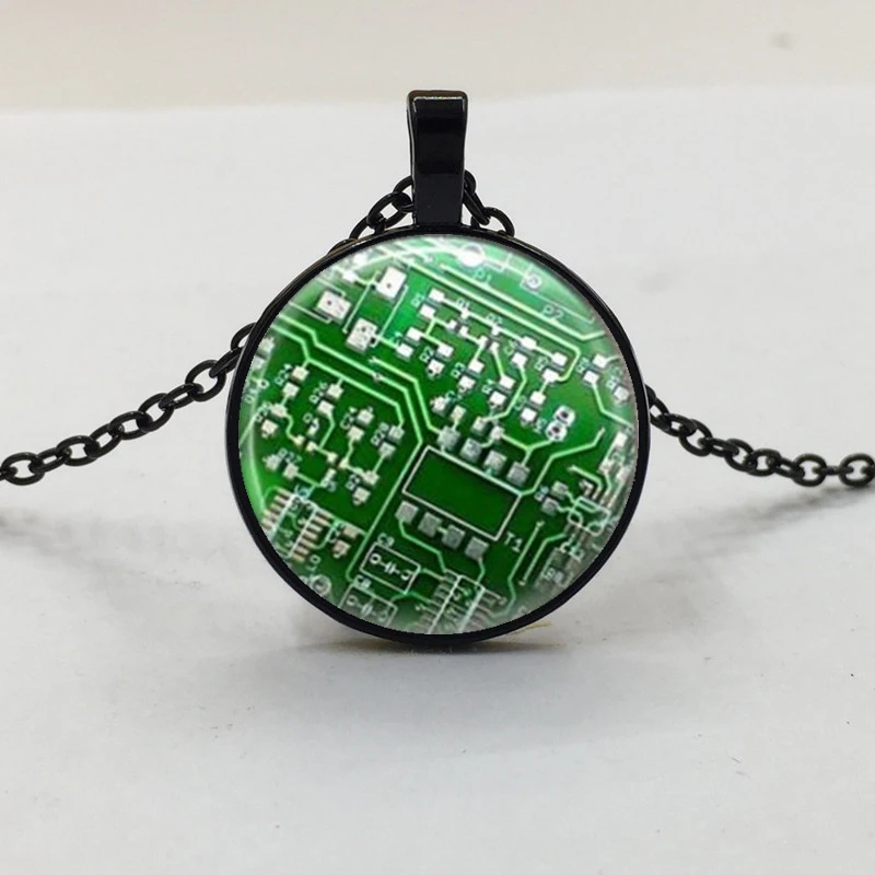 

1Pcs Circuit Board Computer Chip Glass Cabochon Tibet silver pendant chain necklace