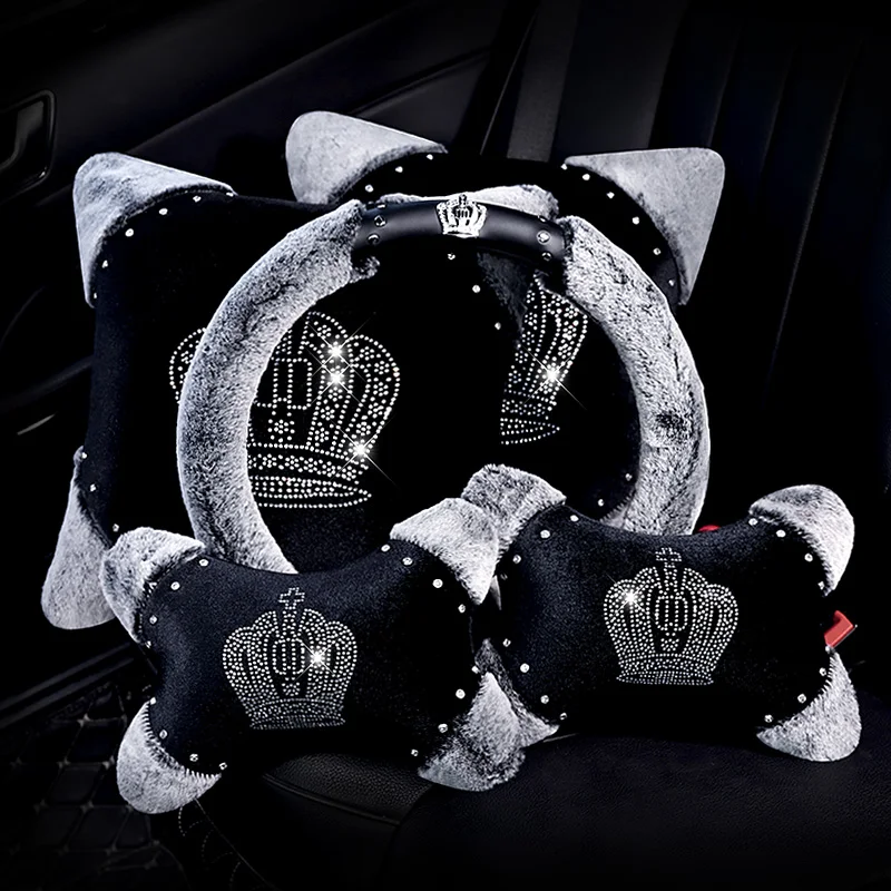 

Winter Crystal Crown Plush Car Headrest Pillow Rhinestone Neck Pillow Seat Back Support Crown Plush Cushion Auto Car Accessories