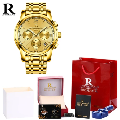 golden with box ONTHEEDGE, модные мужские часы, Роскошные, золотые, полностью из нержавеющей стали, мужские деловые часы, кварцевые, мужские часы, хронограф, reloj hombre - Цвет: golden with box