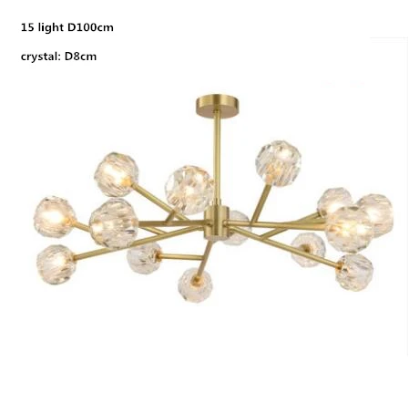 15 light D100cm Американский пост современный RH Лофт Led G9 люстра гостиная медная светодиодная люстра освещение фойе хрустальные абажуры подвесной светильник - Цвет абажура: 15 light D100cm