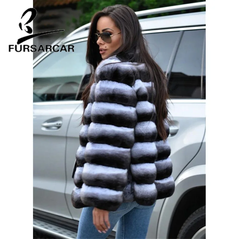 FURSARCAR Regular Long Real Fur Coats Women Fashion New Rex Rabbit Fur Jacket With Fur Collar Luxury Winter Thick Warm Fur Coat