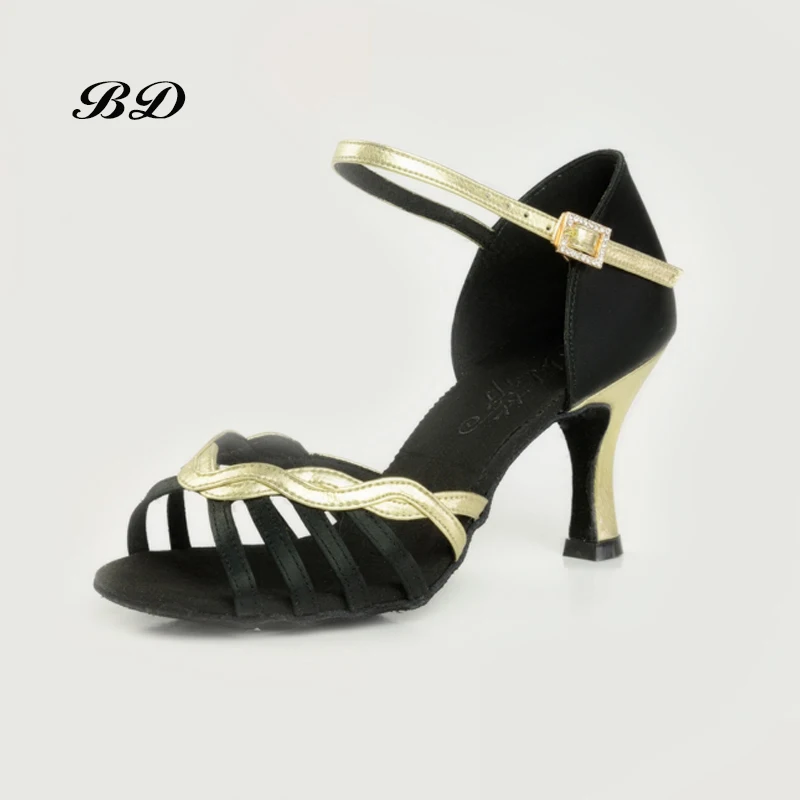 Top Grade Dance Shoes Ballroom Women Latin Shoes Imported Satin Black Gold HEEL 7.5CM Diamond Buckle Wearable Sole BDSASAN 2329