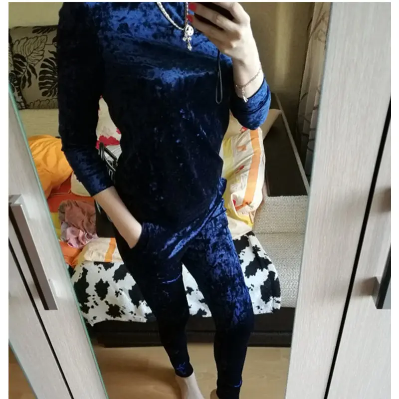 3XL 6 цветов Бархатный спортивный костюм женский комплект топ с длинными рукавами +