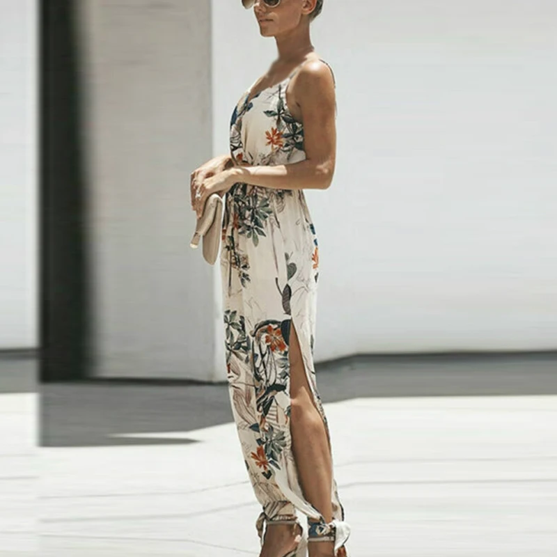 Женский комбинезон с ремешками летний праздничный широкими штанинами и v