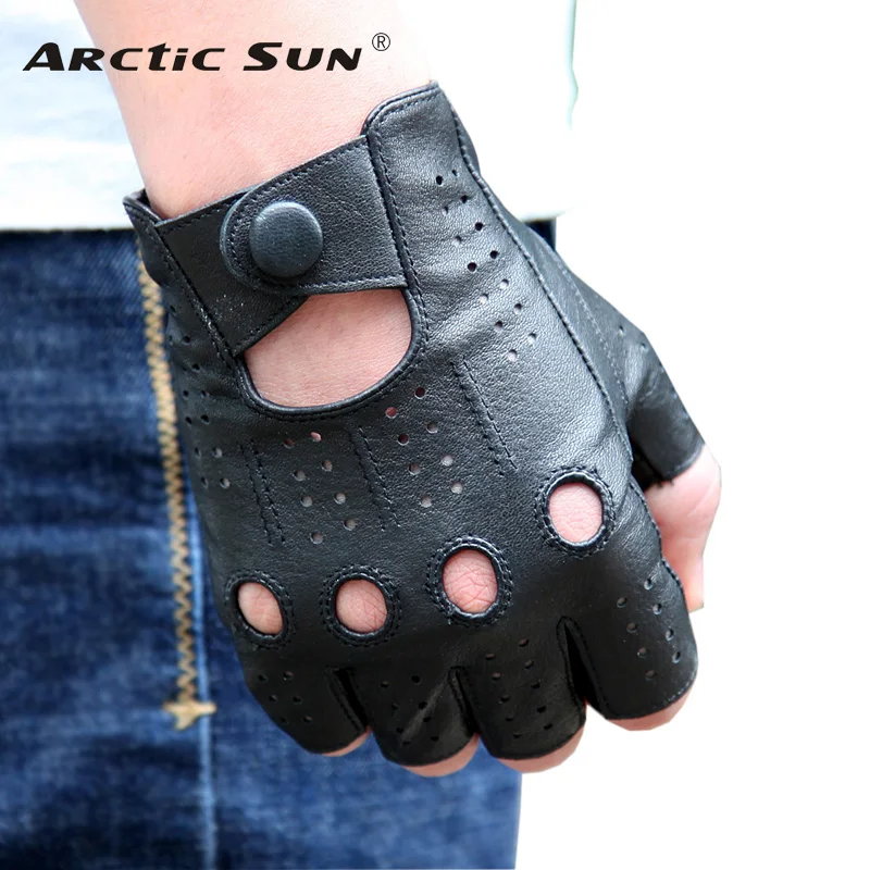 Genuine Leather Semi-Fingers Gloves Male Breathable Hole Thin Style Men Half-Finger Lambskin Gloves Imitation Deerskin M046P