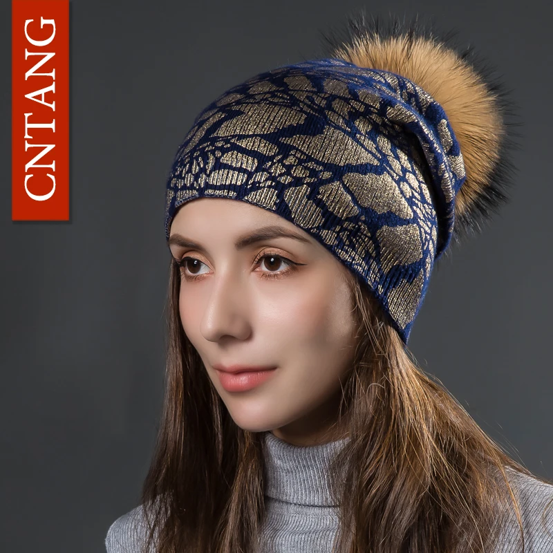 CNTANG 2021 женские модные бронзовые вязаные шерстяные шапки зимние двухслойные