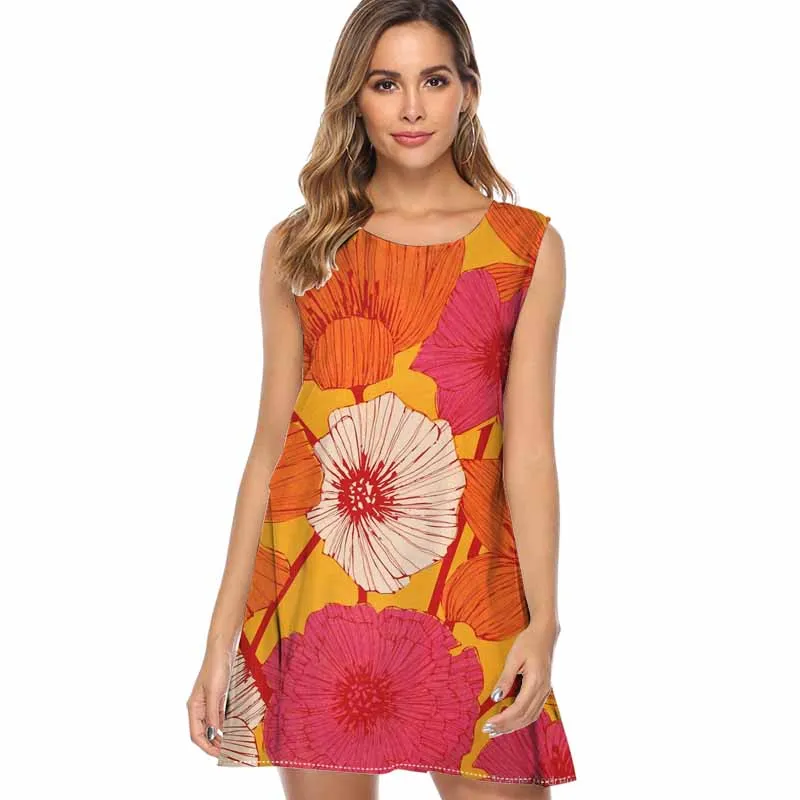 

Ladies Sugar rings of Saturn Printed Dress 2019 Sleeveless O Neck Summer Women Chiffon Dress Casual Sexy Mini Beach Dresses