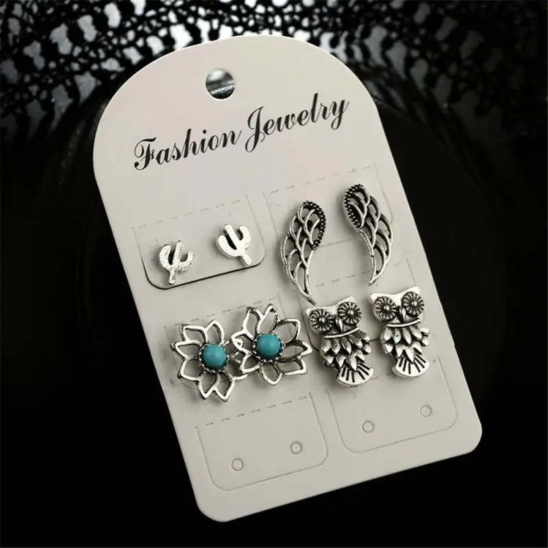 4 пар/компл. Bijoux Сова крылья лотоса серьги-гвоздики в виде кактусов набор для