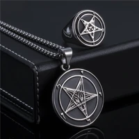 elfasio jewelry set ring necklace set baphomet goat pentagram satan symbol stainless steel both sided pendant chain