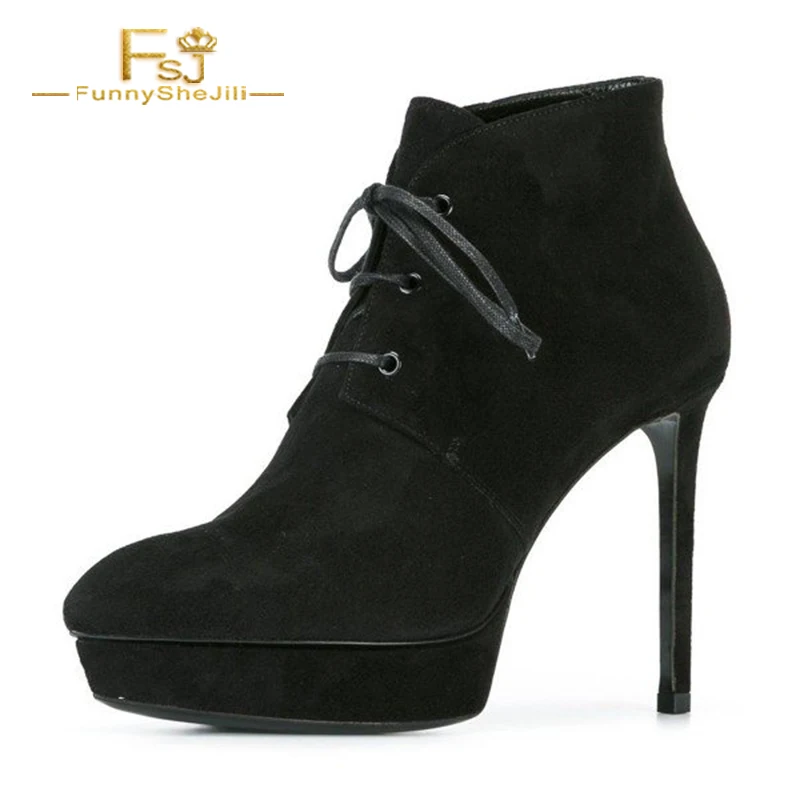 

Black Lace up Boots Stiletto Heel Ankle Booties with Platform FSJ Shoes Woman Flock Lace-up Pointed Toe Work Casual Cross-tied
