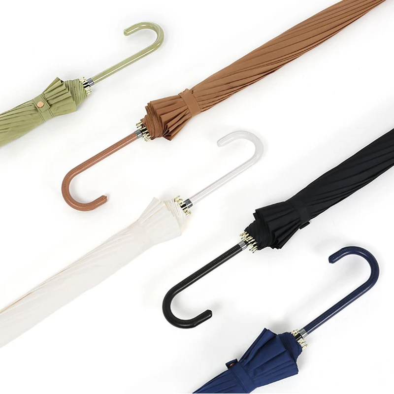 Полуавтоматический однотонный зонт для длинных зонтов с кожаной ручкой Женские