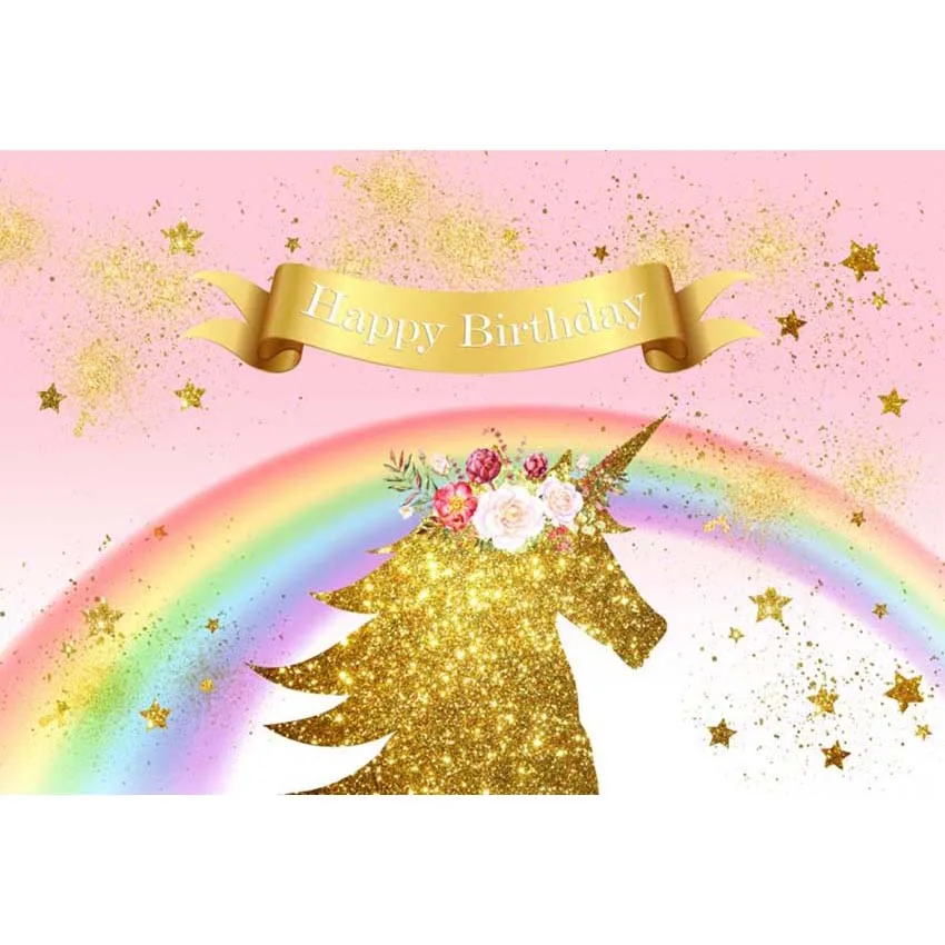 

7x5F Happy Birthday Gold Glitter Unicorn Rainbow Ribbon Crown Custom Photo Studio Backdrop Background Vinyl 220cm x 150cm