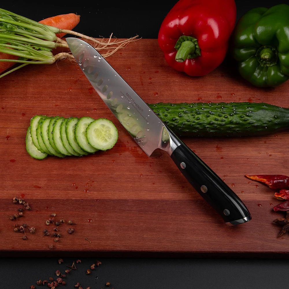 Ножи Mokithand, 7 дюймов, Santoku, высокоуглеродистые, Германия, 1,4116 сталь, профессиональный, японский, острый, поварской, кухонный нож с Pakka Wood