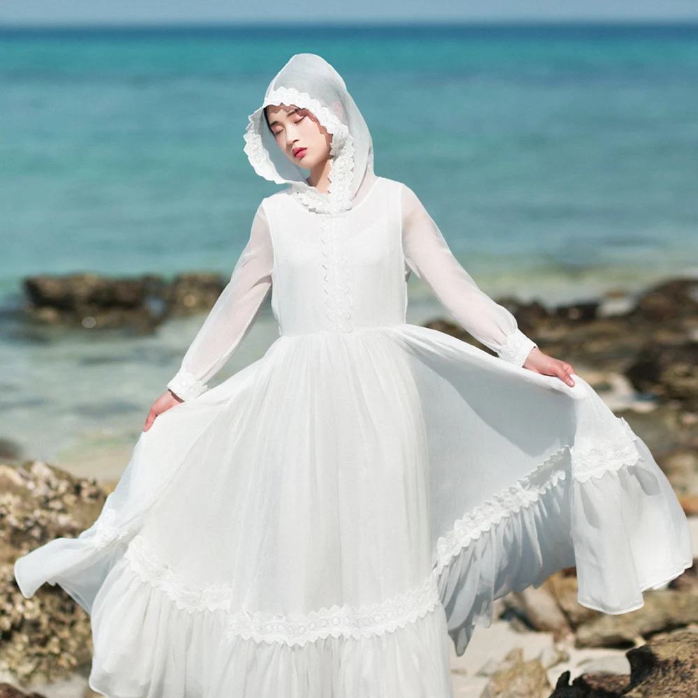 IRINAW606 original design summer 2018 women vintage 10M large bottom lace appliqued long maxi hooded chiffon dress white | Женская