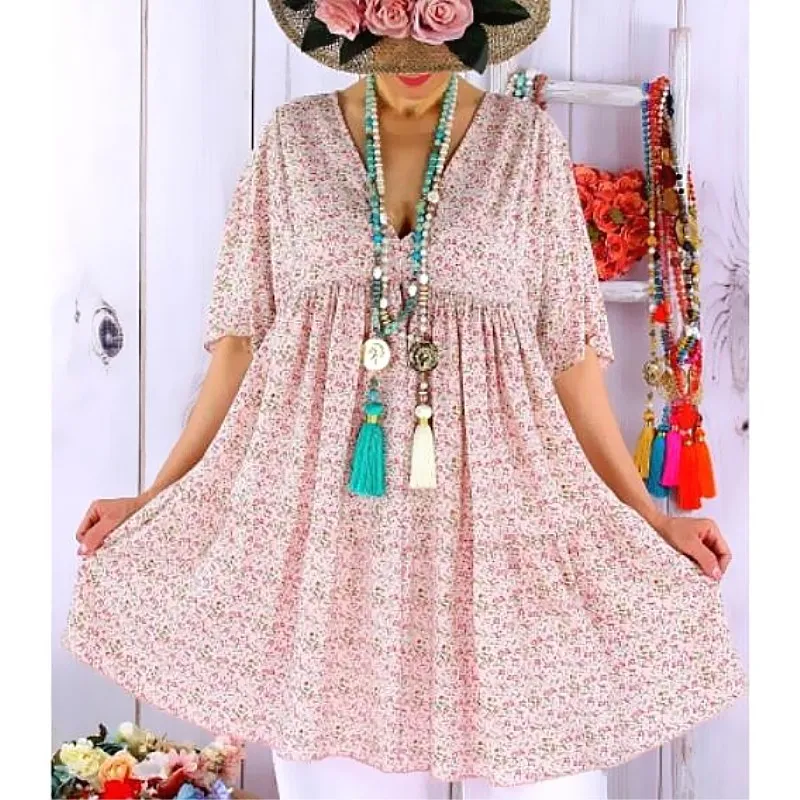 Летнее женское платье с v-образным вырезом коротким рукавом принтом высокой