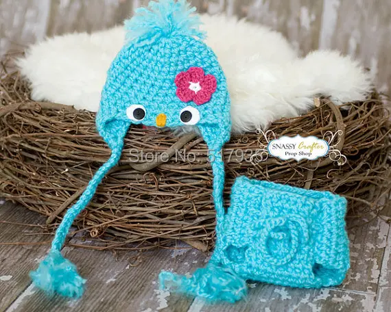 free shipping 100% handmade Crochet baby girl Blue bird hat and diaper cover set photo prop Size Newborn-6 months | Детская одежда и