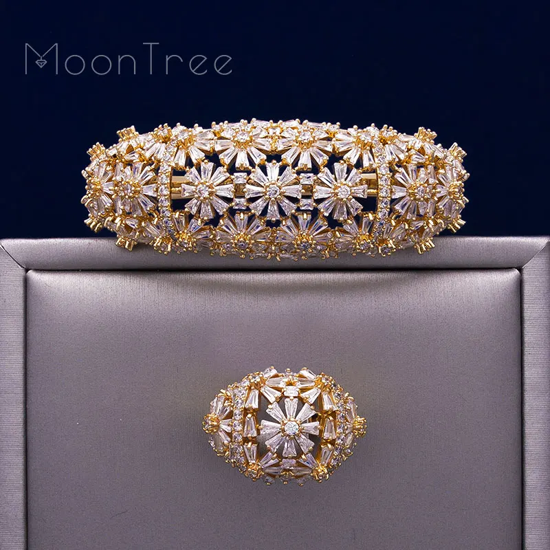 Золотой цвет MoonTree Блестящий Полный циркон цветы AAA кубический цирконий золотые украшения медные вечерние из Саудовской Аравии Арабский Браслет в дубайском стиле набор колец для свадьбы - Окраска металла: Золотой цвет