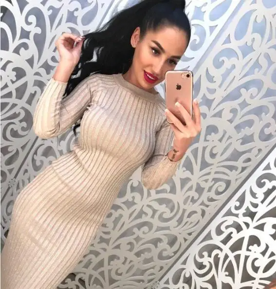 Новое поступление 2018 модное женское платье с длинным рукавом облегающее вязаный