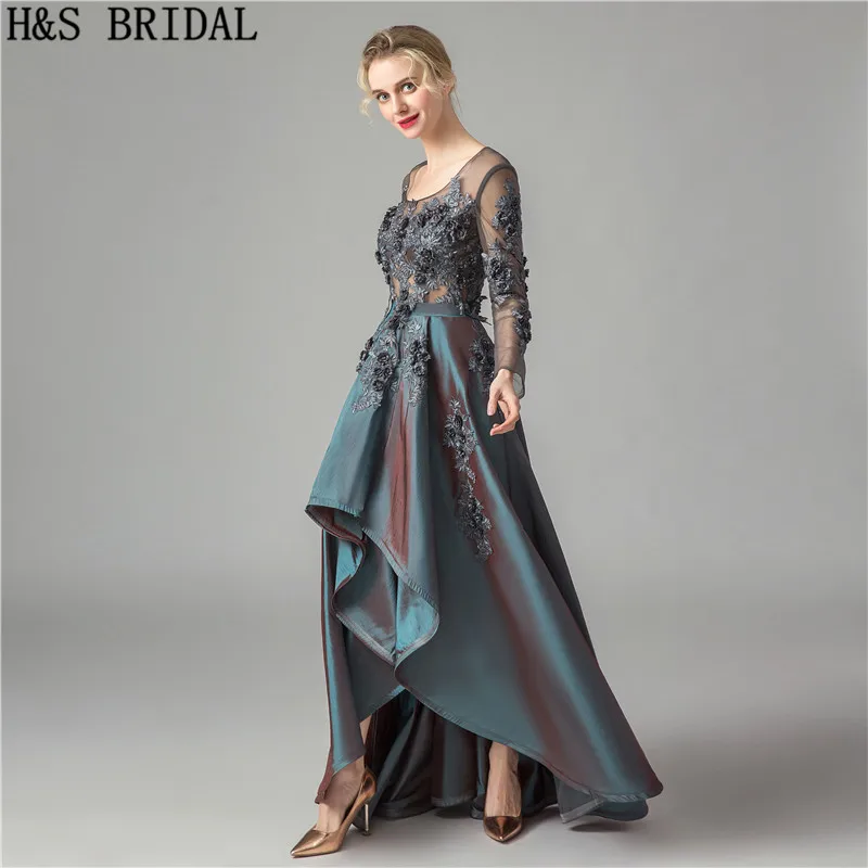 Темно зеленое вечернее кружевное платье с аппликацией Длинные рукава Выпускные