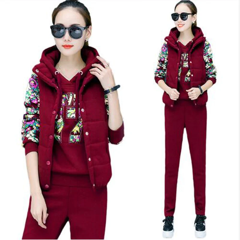 Спортивный костюм женский зимний комплект из 3 предметов толстовка + жилет штаны