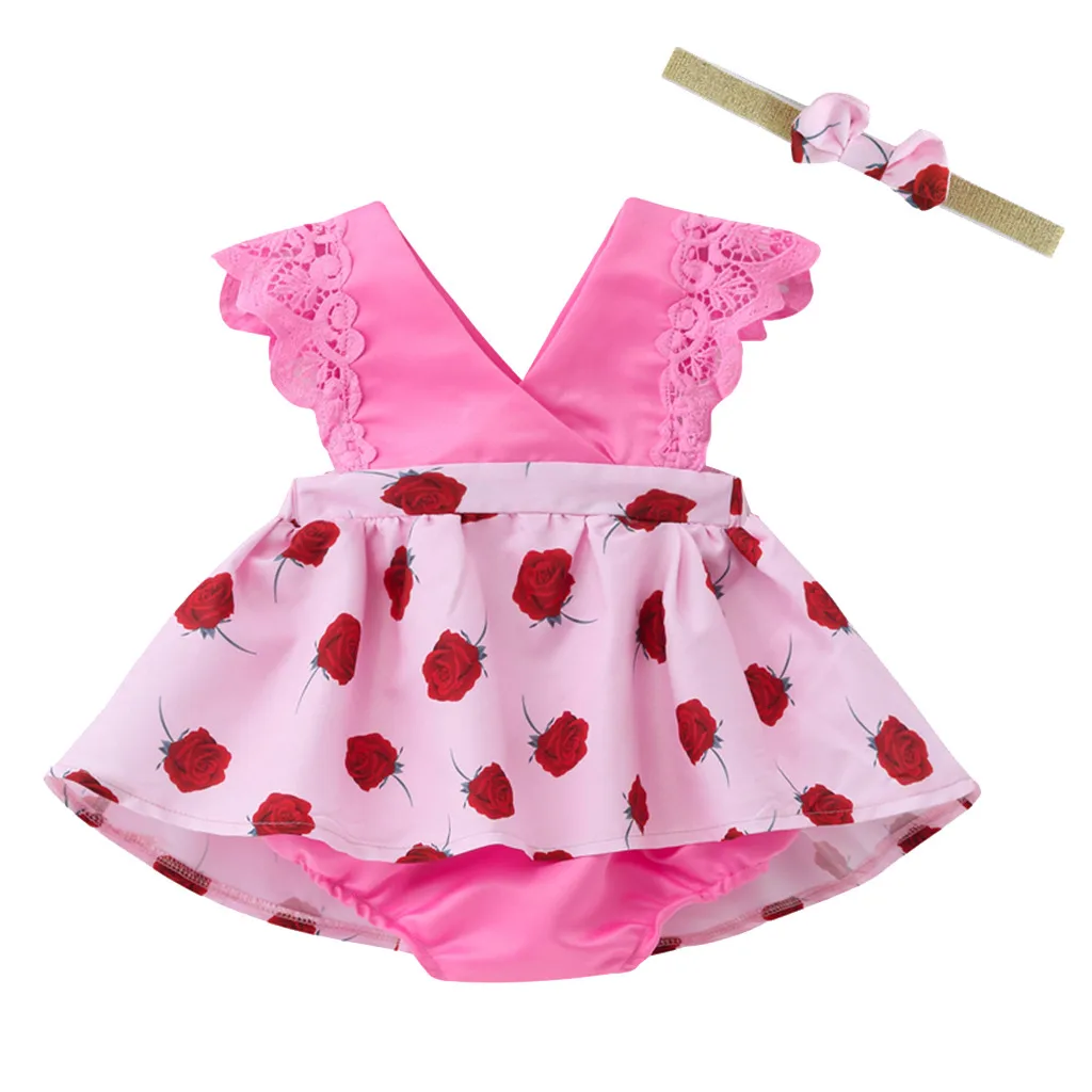 Baby Girl Sleeveless Lace Rose Floral Print Romper Jumpsuit Sunsuit Hairaband Set Newborn Toddler Infant Summer Fashion | Детская одежда