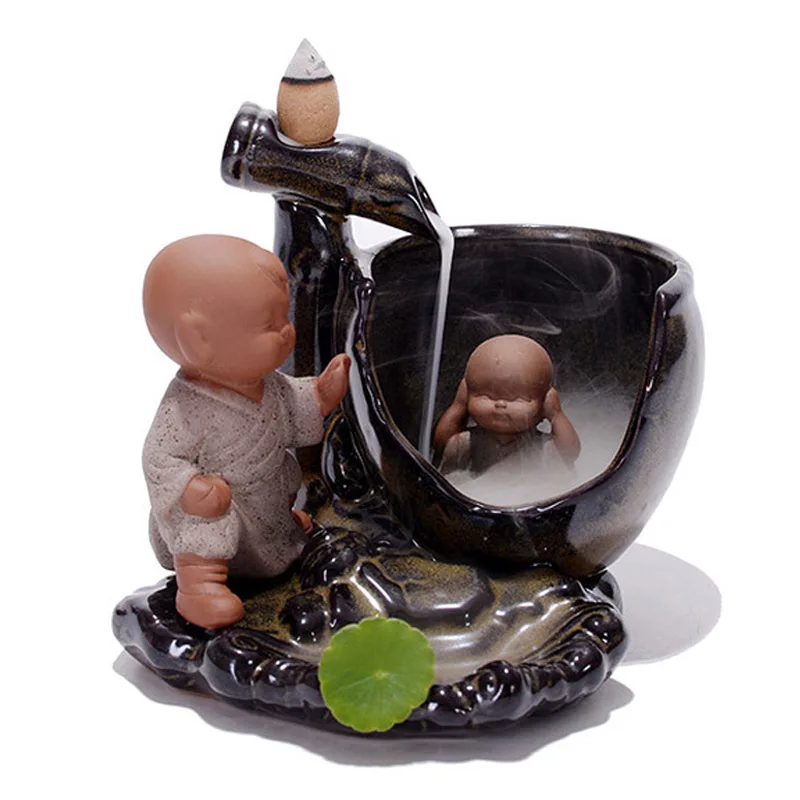 Backflow Incense Burner Home Decor Ceramic Little Monk Small Buddha Holder Aromatherapy Censer + 10Pcs Cones | Дом и сад