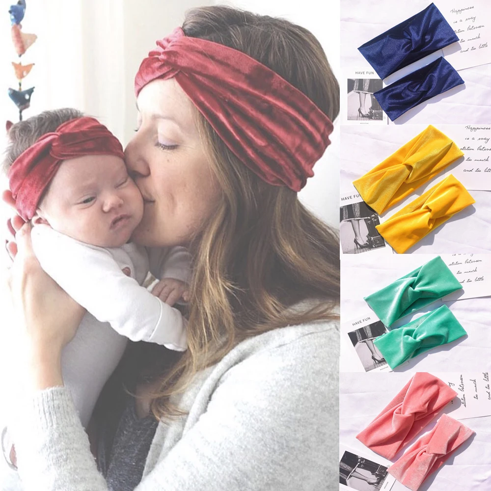 

2Pcs Mom & Kids Velvet cross headband Turban twist Parenting Headband Mom Daughter Velvet Elastic Hair Band Hair Accessories