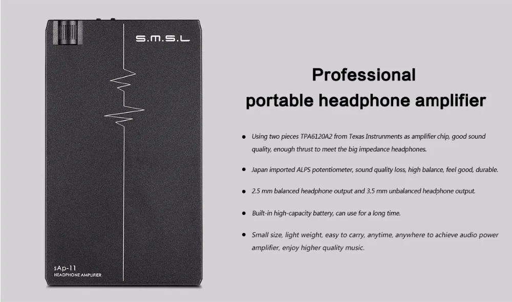 SMSL sap 11 Hifi AudioPortable усилитель для наушников TPA6120A2 Переключатель усиления Встроенный высокопроизводительный Батарея 2,5 мм/3,5 мм Выход